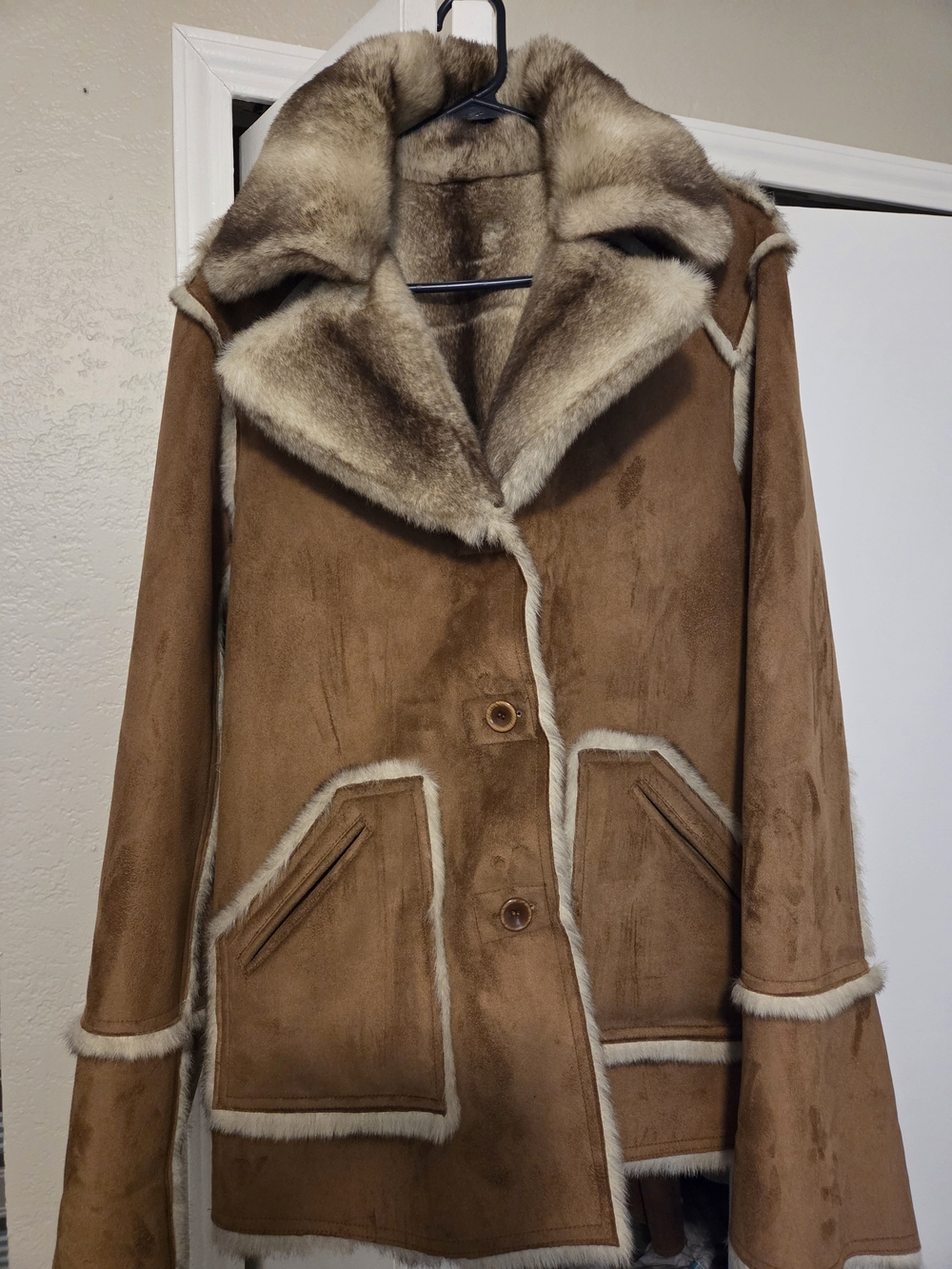 dennis basso Brown Faux Suede Shearling Pea Coat with Cream Trim
